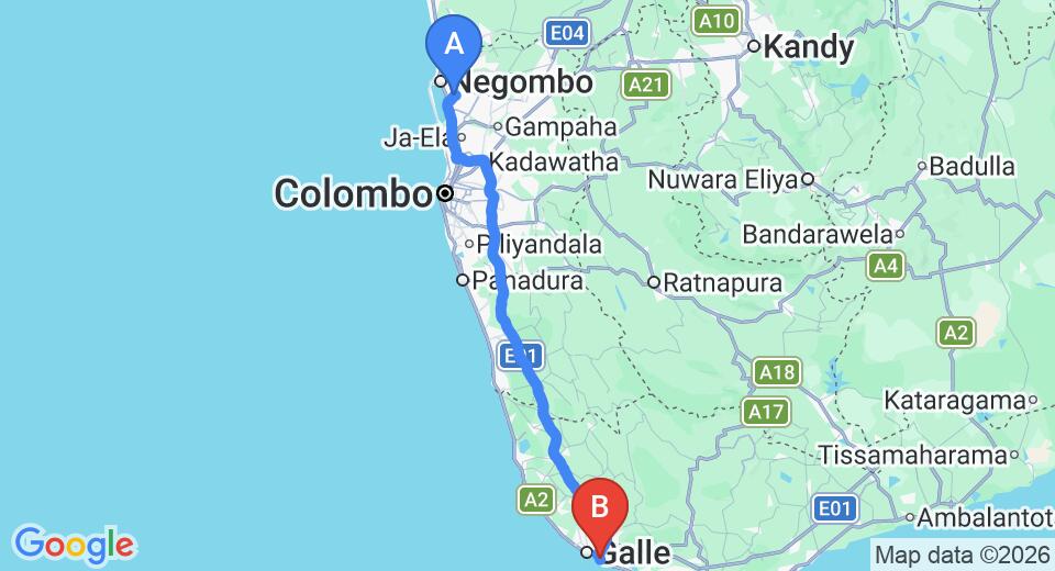 Driving route map: Colombo Airport (CMB) to The Old Palm House, Unawatuna (152 km, approx 2 h 6 min private transfer)