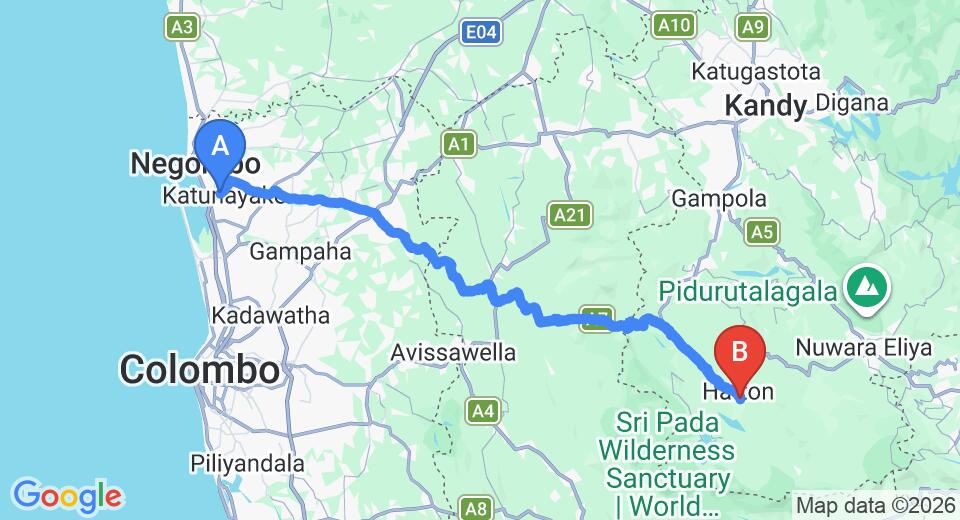 Driving route map: Colombo Airport (CMB) to Castelereigh Family Cottage, Hatton (117 km, approx 3 h 38 min private transfer)