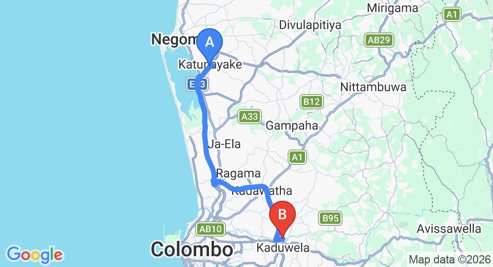 Driving route map: Colombo Airport (CMB) to Biyagama Village, Biyagama (38 km, approx 38 min private transfer)