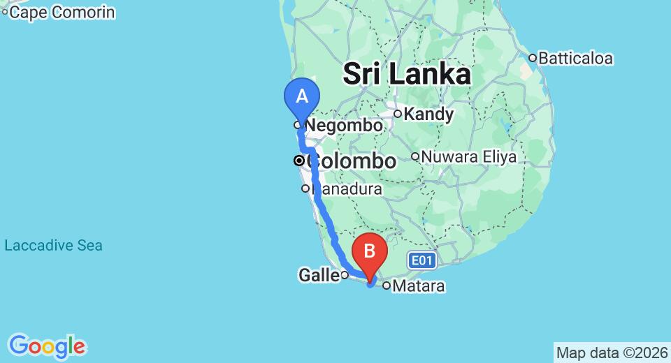 Driving route map: Colombo Airport (CMB) to Villa Suriyawatta, Weligama (174 km, approx 2 h 30 min private transfer)