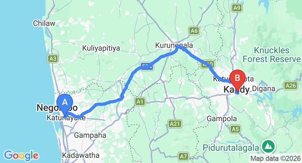 Driving route map: Colombo Airport (CMB) to Hotel Mount Royal, Kandy (118 km, approx 3 h 2 min private transfer)