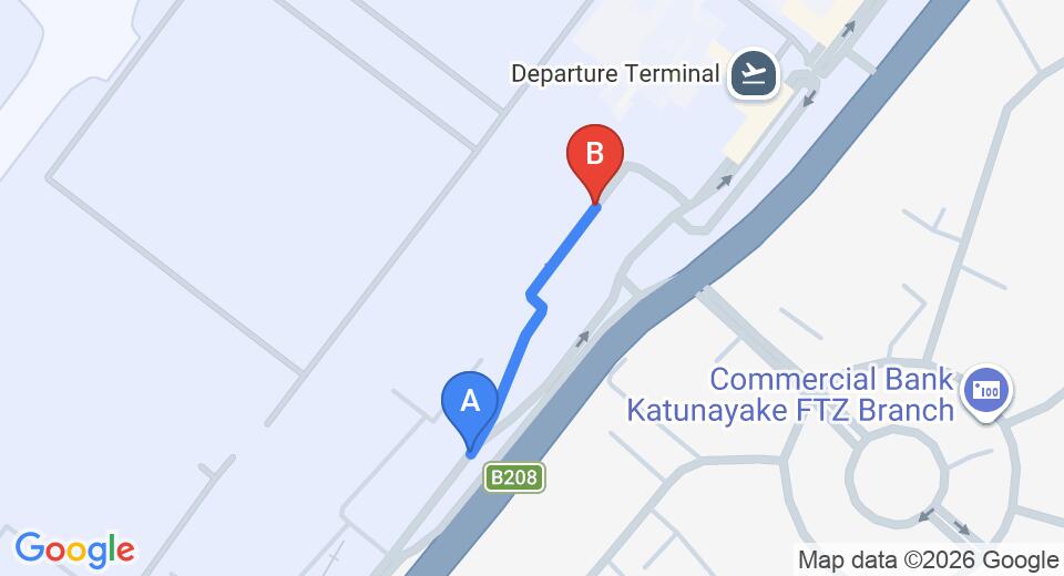 Driving route map: Colombo Airport (CMB) to Motel Sakura, Katunayake (0 km, approx 0 min private transfer)