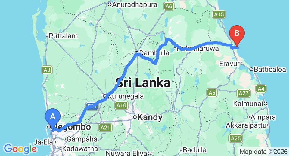 Driving route map: Colombo Airport (CMB) to Earl's Passikudah, Pasikuda (267 km, approx 5 h 28 min private transfer)