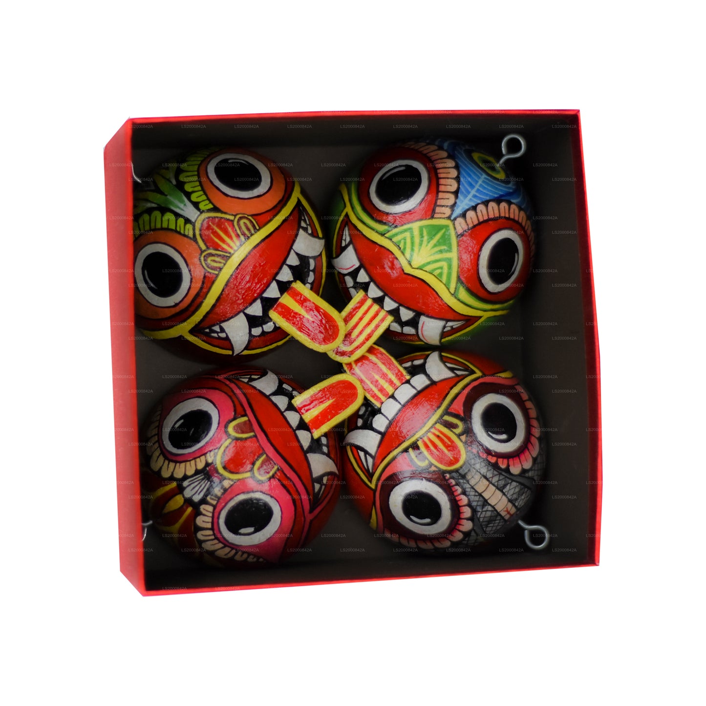 ココナッツの殻に描かれたスリランカの伝統的なラクシャマスク (マユラ、マル、アグニ、ナーガ) (4パック)