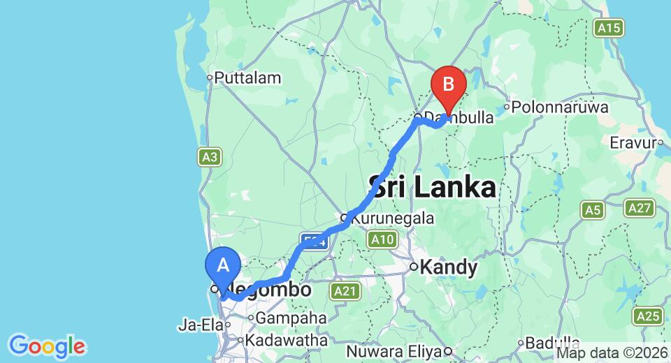 Driving route map: Colombo Airport (CMB) to Kulu Safari - Wilpattu, Wilpattu (146 km, approx 3 h 14 min private transfer)