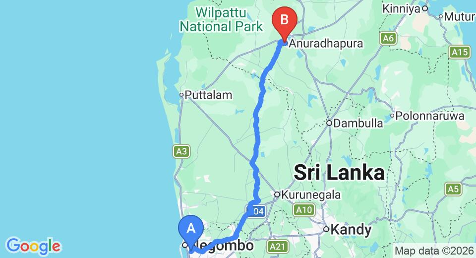 Driving route map: Colombo Airport (CMB) to Peacock Residence, Anuradhapura (174 km, approx 3 h 45 min private transfer)