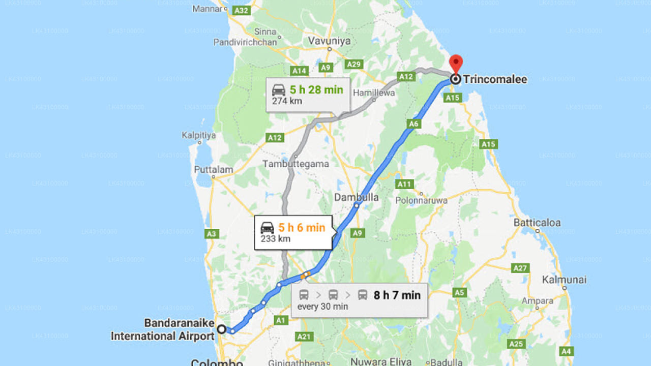 コロンボ空港 (CMB) とトリンコマリーのシー ロータス パーク ホテル間の送迎