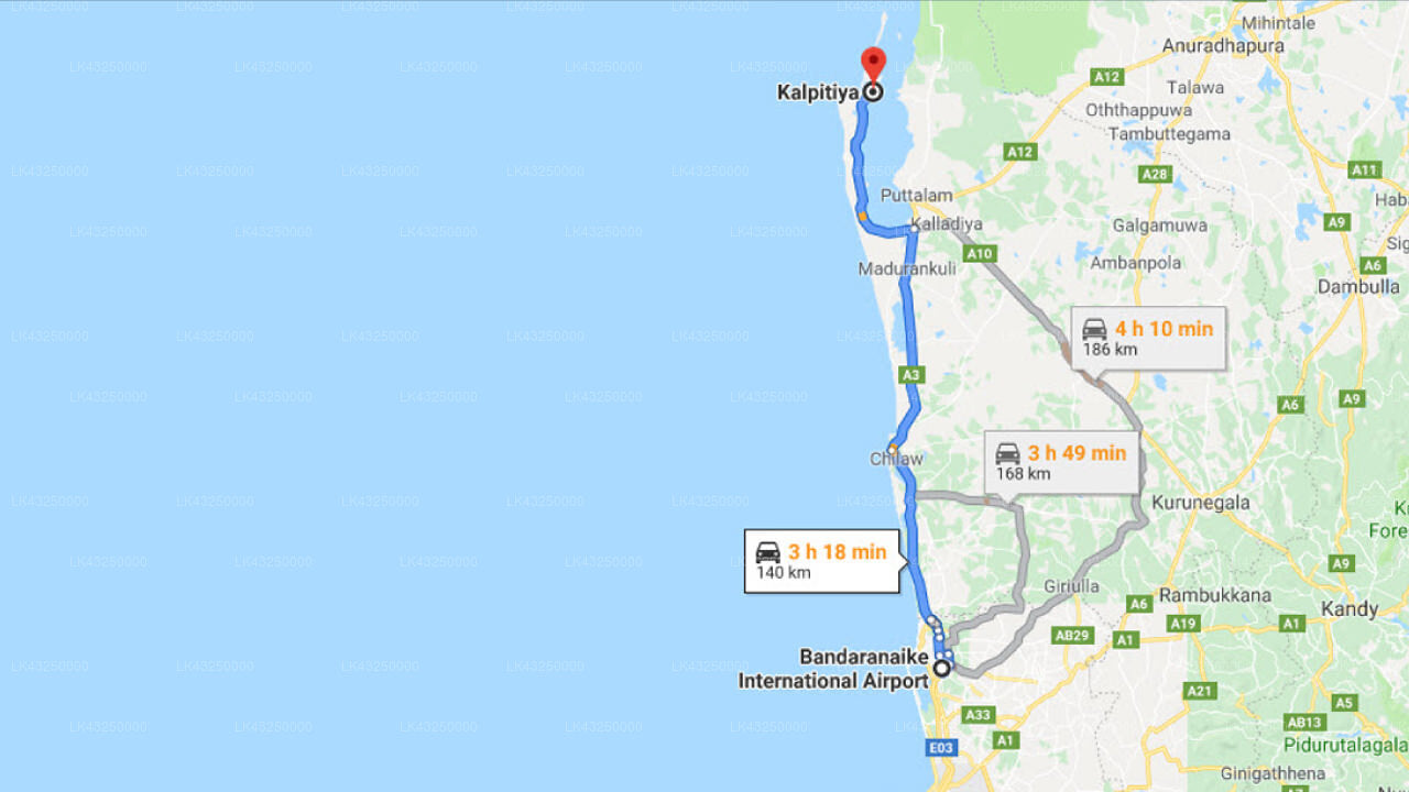 コロンボ空港 (CMB) とヴァランプリ カイト リゾート、カルピティヤ間の送迎