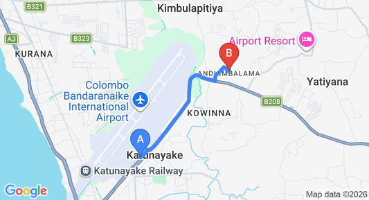 Driving route map: Colombo Airport (CMB) to Andiambalama (4 km, approx 10 min private transfer)