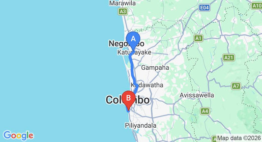 Driving route map: Colombo Airport (CMB) to Wellawatte (39 km, approx 58 min private transfer)