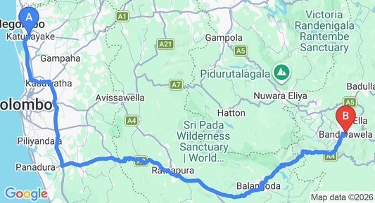 Driving route map: Colombo Airport (CMB) to Seasons Nest, Bandarawela (220 km, approx 5 h 23 min private transfer)