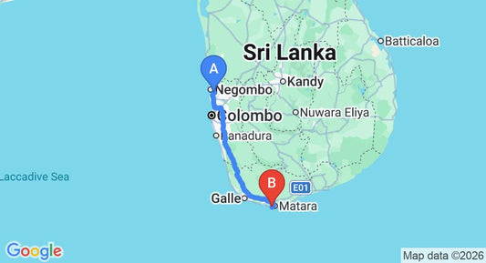 Driving route map: Colombo Airport (CMB) to Turtle Eco Beach, Matara (185 km, approx 2 h 35 min private transfer)