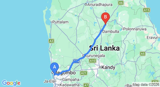 Driving route map: Colombo Airport (CMB) to King Fisher Lodge, Dambulla (145 km, approx 3 h 6 min private transfer)