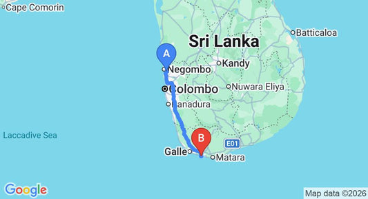 Driving route map: Colombo Airport (CMB) to Garton's Cape Hotel, Ahangama (168 km, approx 2 h 26 min private transfer)