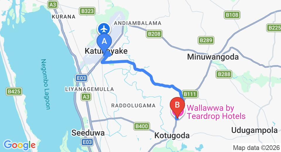 Driving route map: Colombo Airport (CMB) to The Wallawwa, Katunayake (9 km, approx 21 min private transfer)