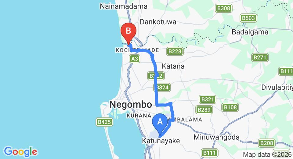 Driving route map: Colombo Airport (CMB) to Waterland, Negombo (18 km, approx 40 min private transfer)