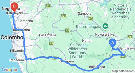 Driving route map: Ohiya to Colombo Airport (CMB) (230 km, approx 5 h 40 min private transfer)