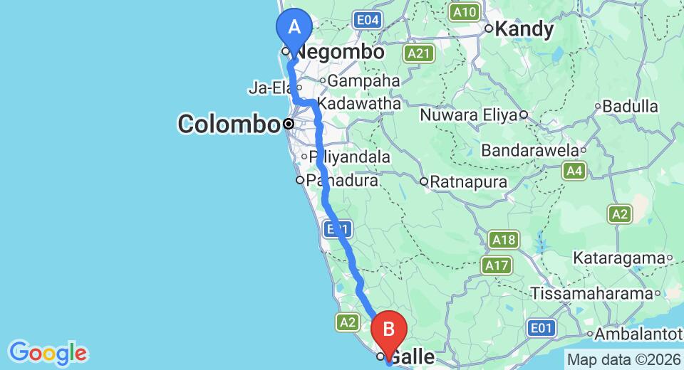 Driving route map: Colombo Airport (CMB) to Tartaruga Resort and Beach Restaurant, Unawatuna (153 km, approx 2 h 8 min private transfer)