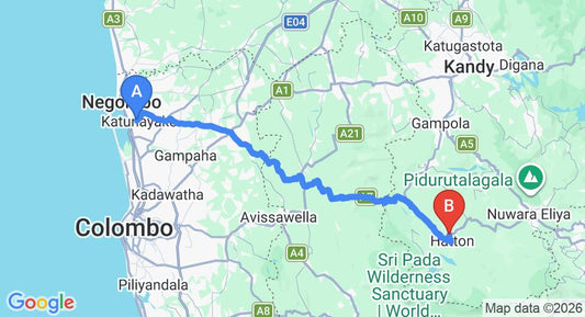 Driving route map: Colombo Airport (CMB) to Hotel Rej, Hatton (118 km, approx 3 h 37 min private transfer)