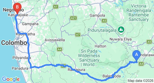 Driving route map: Beragala to Colombo Airport (CMB) (200 km, approx 4 h 41 min private transfer)