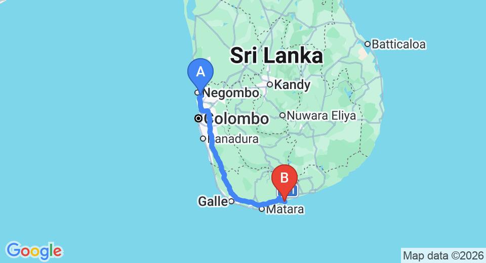 Driving route map: Colombo Airport (CMB) to Thalassa, Tangalle (211 km, approx 2 h 50 min private transfer)