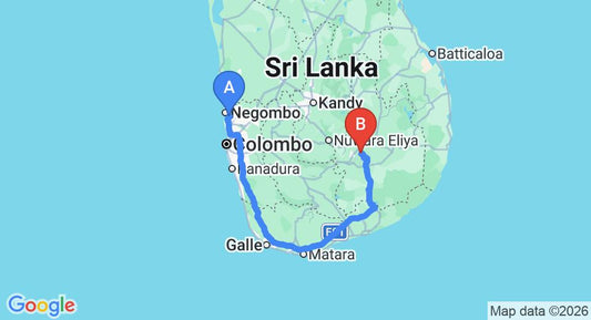 Driving route map: Colombo Airport (CMB) to Ella Jungle Resort, Ella (329 km, approx 4 h 42 min private transfer)