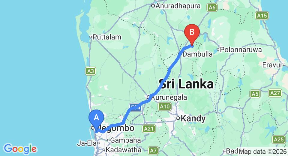Driving route map: Colombo Airport (CMB) to Green Hut Hotel And Restaurant, Sigiriya (146 km, approx 3 h 13 min private transfer)