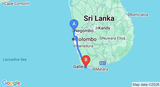 Driving route map: Colombo Airport (CMB) to Apa Villa Thalpe, Unawatuna (156 km, approx 2 h 13 min private transfer)