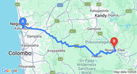 Driving route map: Colombo Airport (CMB) to Craigbank Bungalow, Nuwara Eliya (156 km, approx 4 h 51 min private transfer)