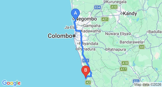 Driving route map: Colombo Airport (CMB) to Refurbished Colonial house, Galle (132 km, approx 2 h 5 min private transfer)