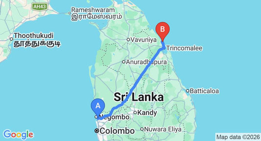 Driving route map: Colombo Airport (CMB) to Anilana, Nilaveli (254 km, approx 5 h 14 min private transfer)
