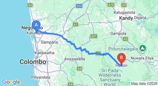 Driving route map: Colombo Airport (CMB) to Peak Rest, Hatton (116 km, approx 3 h 36 min private transfer)