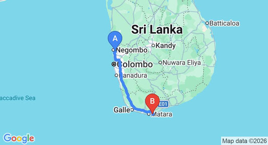 Driving route map: Colombo Airport (CMB) to Surya Lanka Ayurveda Beach Resort, Talalla (197 km, approx 2 h 46 min private transfer)