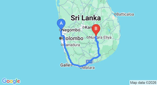 Driving route map: Colombo Airport (CMB) to The Heritage Grand, Badulla (355 km, approx 5 h 34 min private transfer)