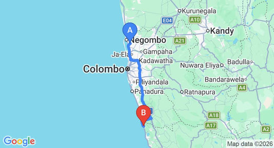 Driving route map: Colombo Airport (CMB) to Hotel Panchi Beach, Induruwa (114 km, approx 1 h 51 min private transfer)