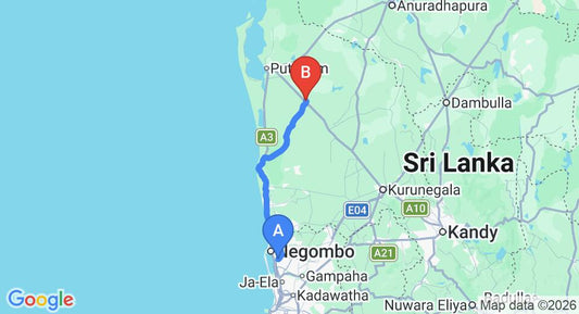 Driving route map: Colombo Airport (CMB) to Rest House Anamaduwa, Puttalam (98 km, approx 2 h 26 min private transfer)