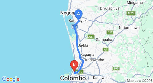 Driving route map: Colombo Airport (CMB) to Ashgrove Apartments, Colombo (32 km, approx 37 min private transfer)