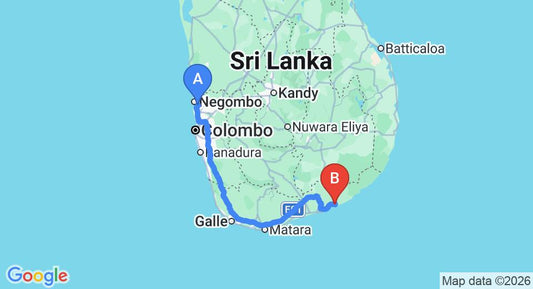 Driving route map: Colombo Airport (CMB) to Bundala (281 km, approx 3 h 44 min private transfer)