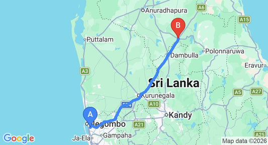 Driving route map: Colombo Airport (CMB) to Cinnamon Lodge, Habarana (151 km, approx 3 h 14 min private transfer)