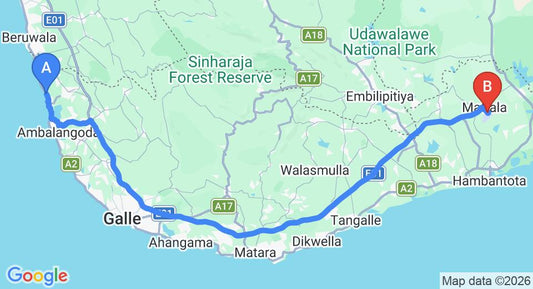 Driving route map: Kosgoda to Mattala (HRI) Airport (159 km, approx 2 h 14 min private transfer)