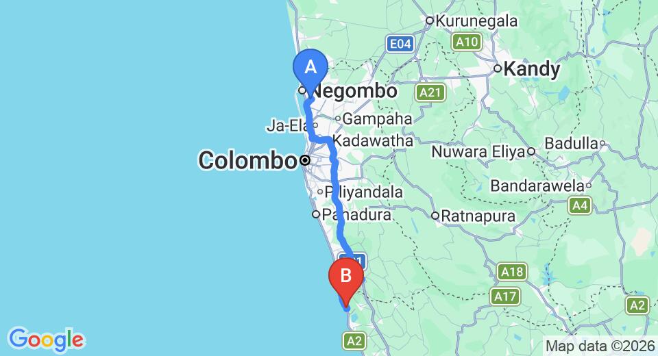 Driving route map: Colombo Airport (CMB) to Nilmenik Villa, Kosgoda (118 km, approx 1 h 55 min private transfer)
