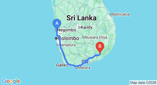 Driving route map: Colombo Airport (CMB) to Mandara Rosen, Kataragama (283 km, approx 3 h 44 min private transfer)