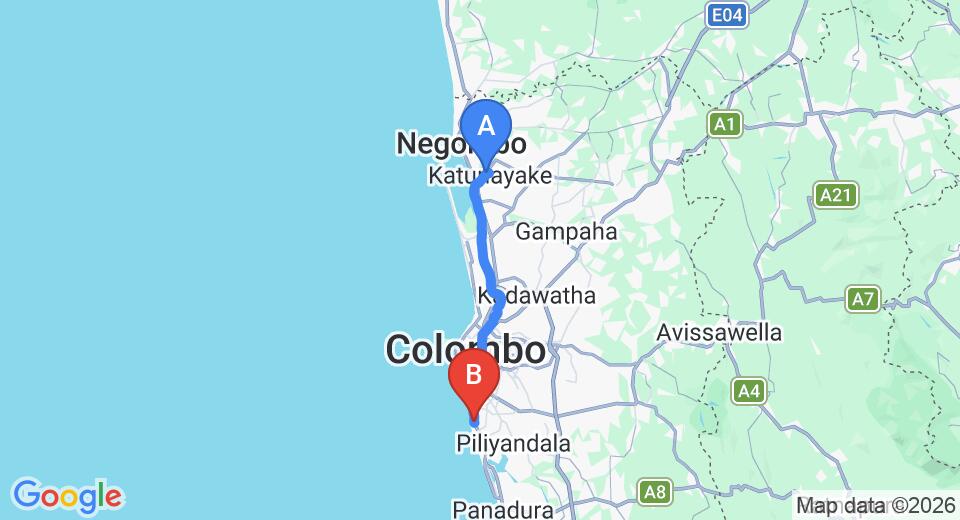 Driving route map: Colombo Airport (CMB) to Cottage Garden, Mount Lavinia (43 km, approx 1 h 10 min private transfer)