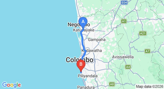 Driving route map: Colombo Airport (CMB) to Kingston by Remo Hotel, Mount Lavinia (43 km, approx 1 h 10 min private transfer)