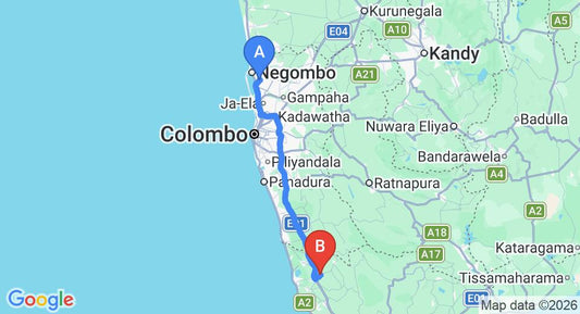 Driving route map: Colombo Airport (CMB) to Elpitiya (121 km, approx 1 h 43 min private transfer)