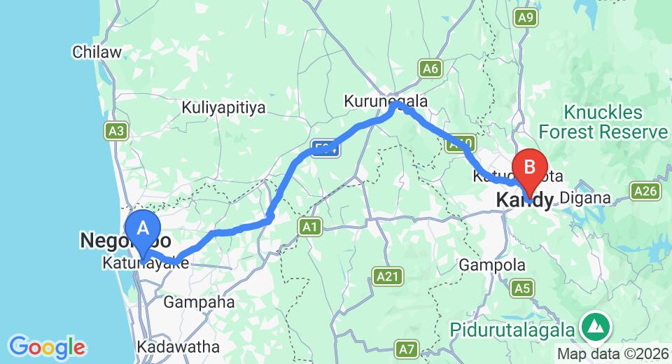 Driving route map: Colombo Airport (CMB) to Hotel Suisse, Kandy (115 km, approx 2 h 53 min private transfer)