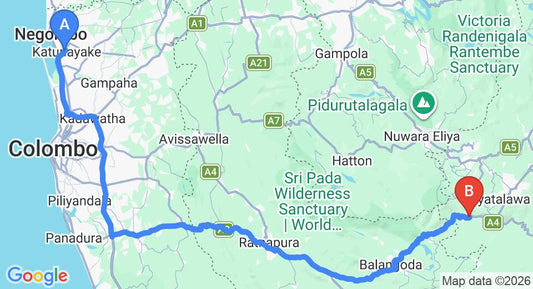 Driving route map: Colombo Airport (CMB) to Haldummulla (198 km, approx 4 h 40 min private transfer)