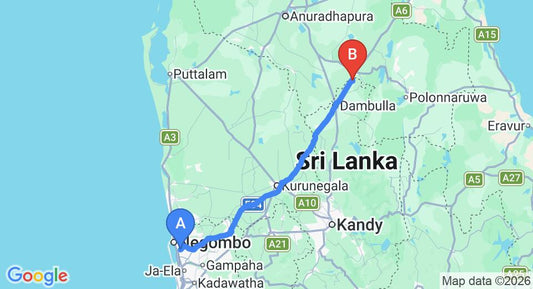 Driving route map: Colombo Airport (CMB) to Elephas Resort, Sigiriya (147 km, approx 3 h 10 min private transfer)