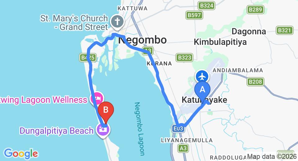Driving route map: Colombo Airport (CMB) to The Lagoon Villa, Negombo (18 km, approx 38 min private transfer)