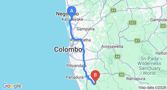 Driving route map: Colombo Airport (CMB) to Big Game Camps and Lodges Yala, Yala (77 km, approx 1 h 23 min private transfer)